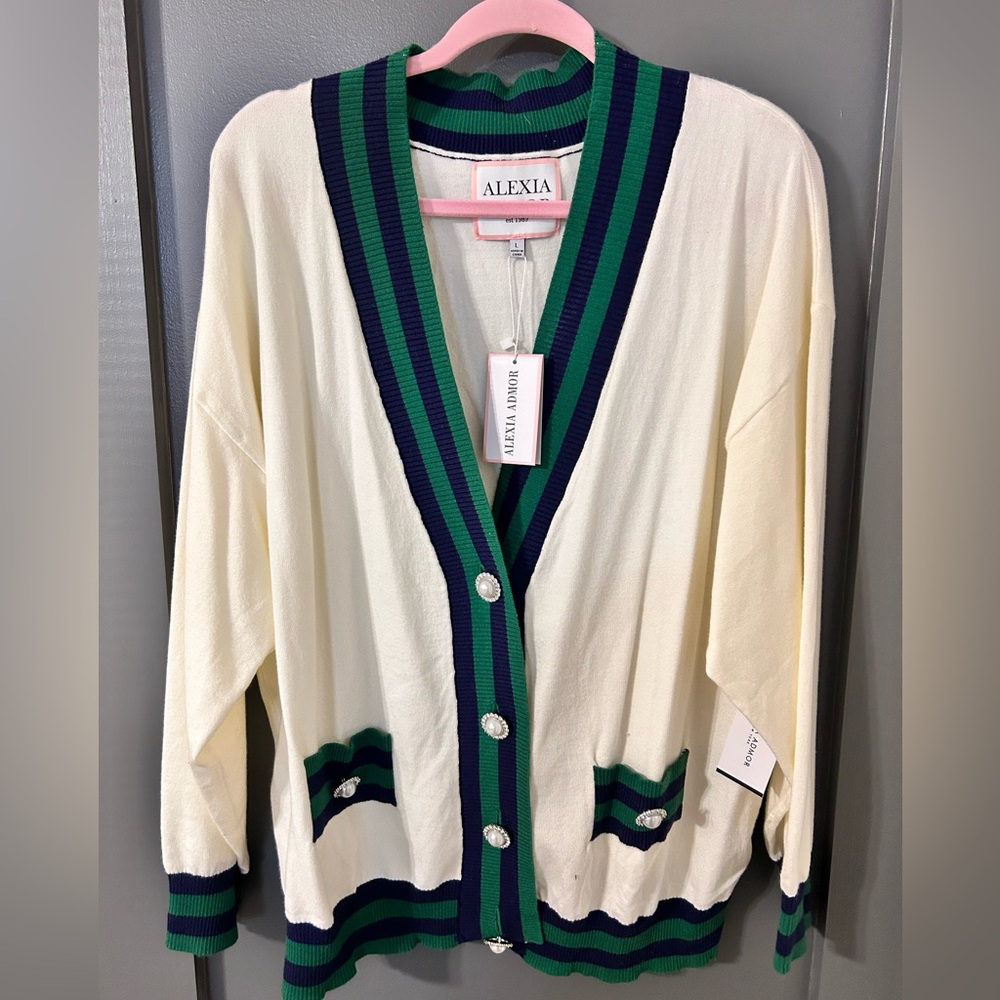Alexia Admor White, Green, and Navy Frances Cardigan - Picture 3 of 5
